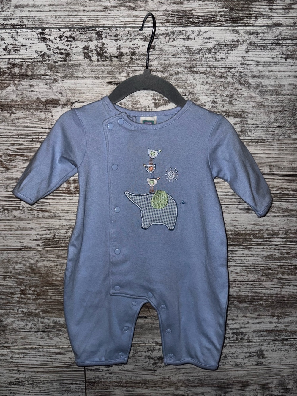 Little Me Soft Blue Baby One-Piece Romper with Elephant Applique
